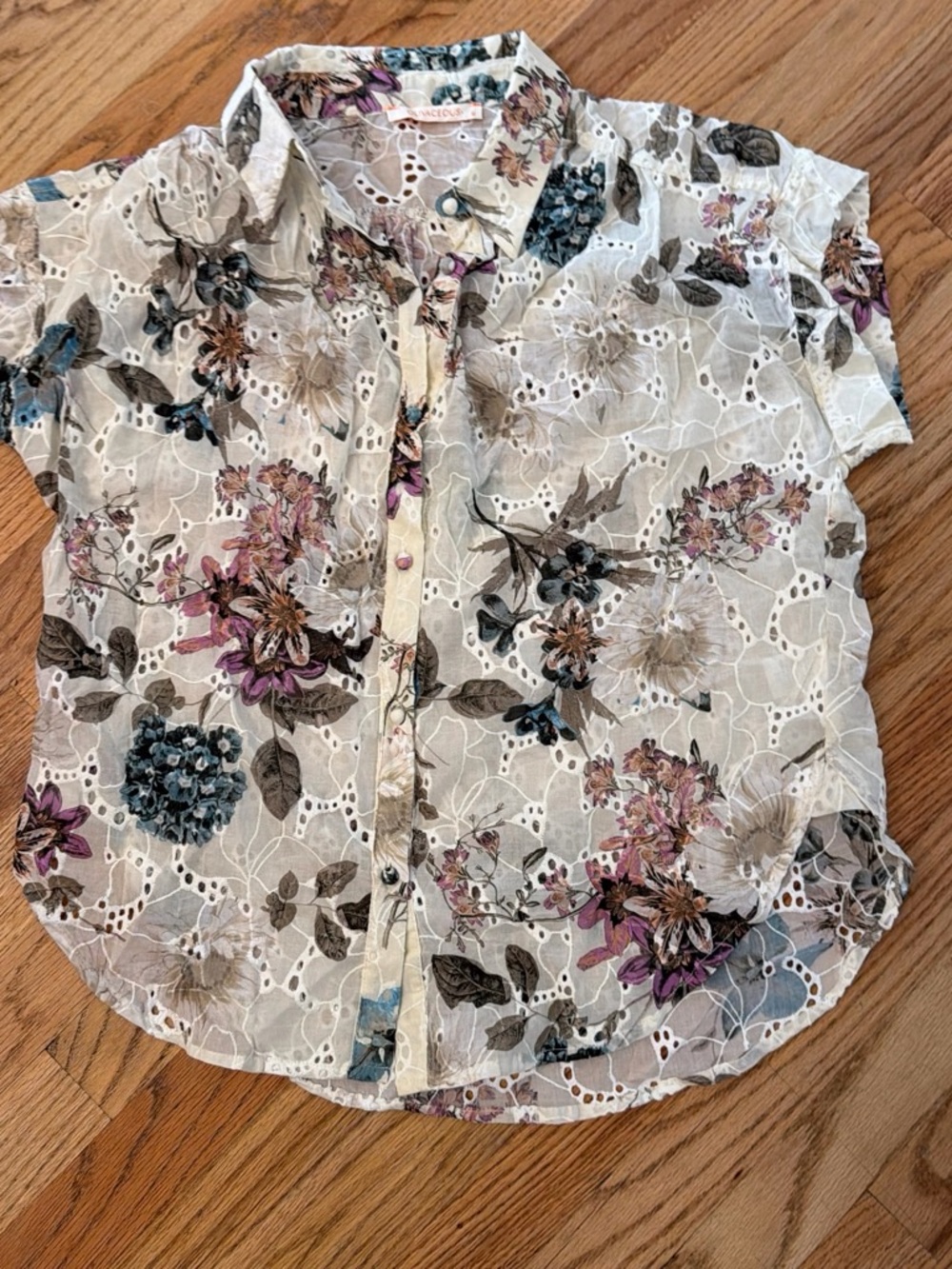 Olivaceous White Eyelet Floral Button-Down Blouse - Multi